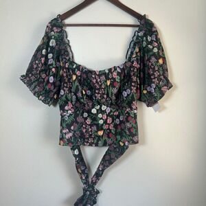 CIDER Black Floral Print Off Shoulder Puff Sleeve Tie Front Crop Top 3XL
